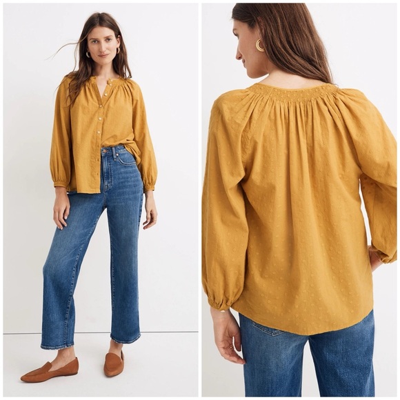 Madewell Tops - Madewell • Floral Embroidered Smocked Neck Raglan Top Ornate Gold Sz Small